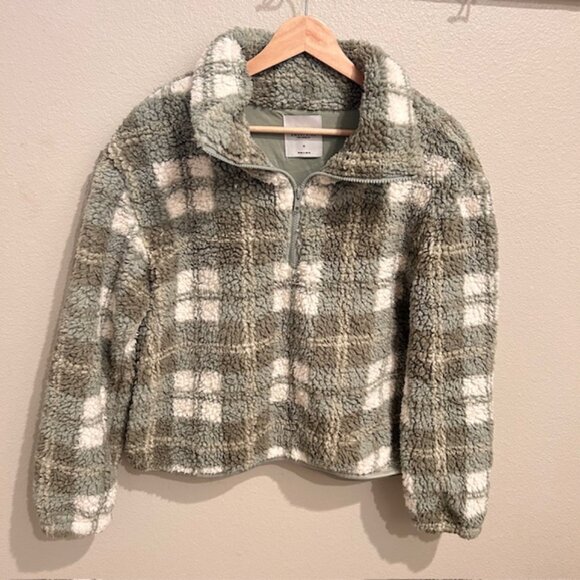 Angel Kiss Sage Green Plaid Sherpa Quarter Zip Pullover Size Medium - Picture 3 of 7